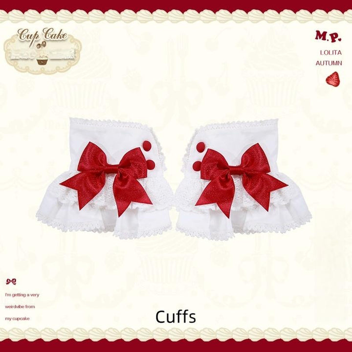 Mademoiselle Pearl - Cup Cake - White, Red Bow, Sweet Lolita Dress Set (Cuffs) 43333:773901