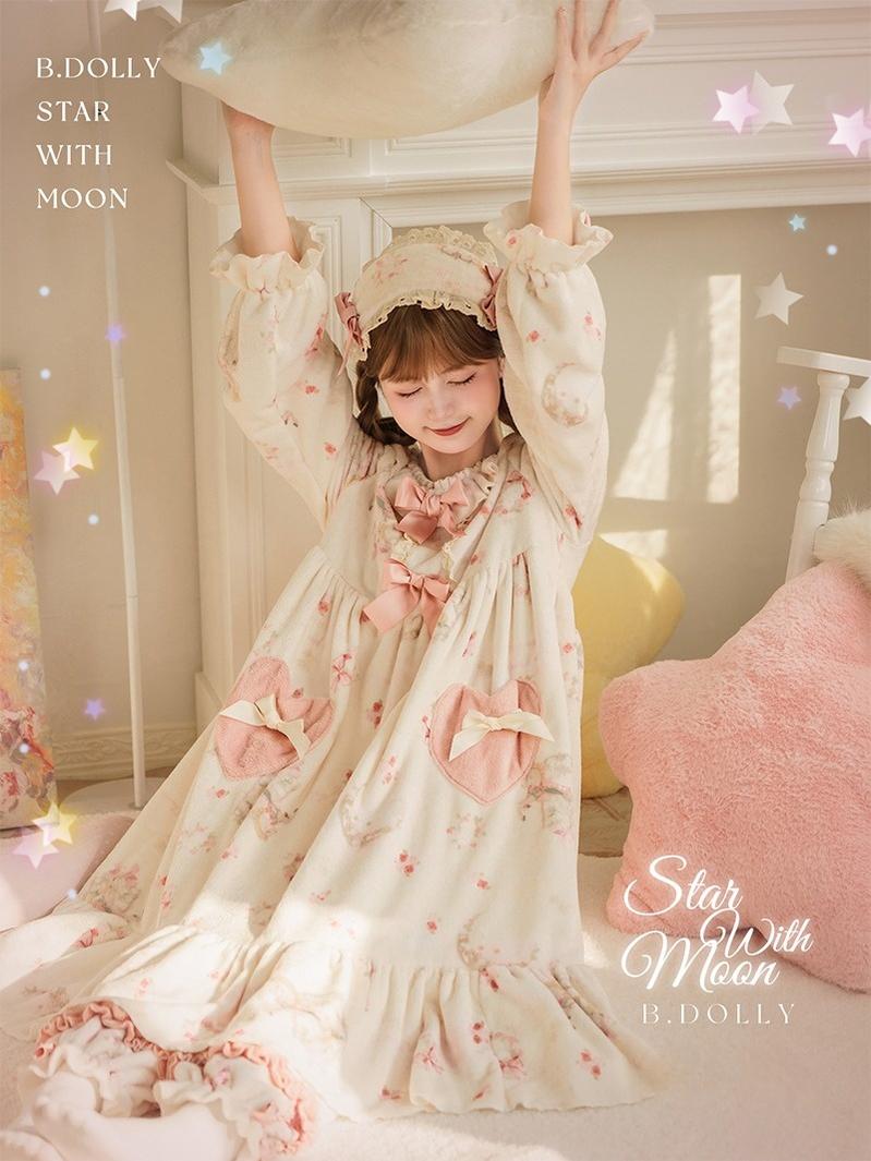 Baduoni~Starry With Moon~Winter Sweet Lolita Nightgown Dress Flannel Dree with Pants