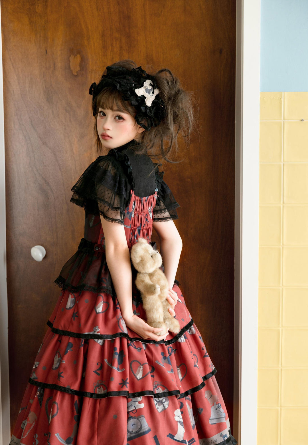 LittlePlum~Telephone Dog~Black Red Classic Lolita Dress Set with OP JSK and Skirt