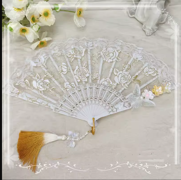 Cocoa Jam~Han Lolita Fan Decorative Folding Fan with Butterfly and Flowers Tassel orange  