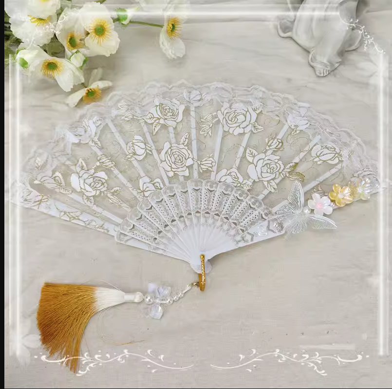 Cocoa Jam - Han Lolita Fan Decorative Folding Fan with Butterfly and Flowers Tassel orange