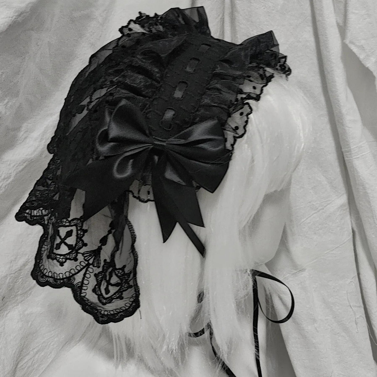 Halloween Gothic Lolita Lace Veil Hairband, Cross Embroidery 46006:872095