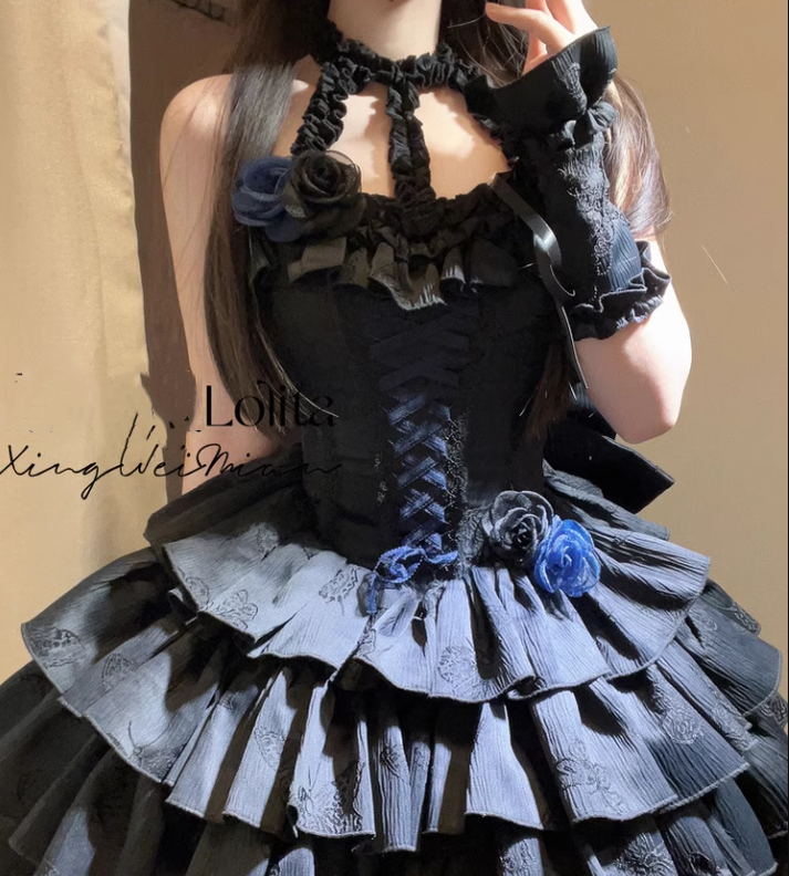Xingweimian - Sunset Venus - Gothic Lolita Formal Dress Fishbone Waist JSK Dress Set black and blue floral headdress only