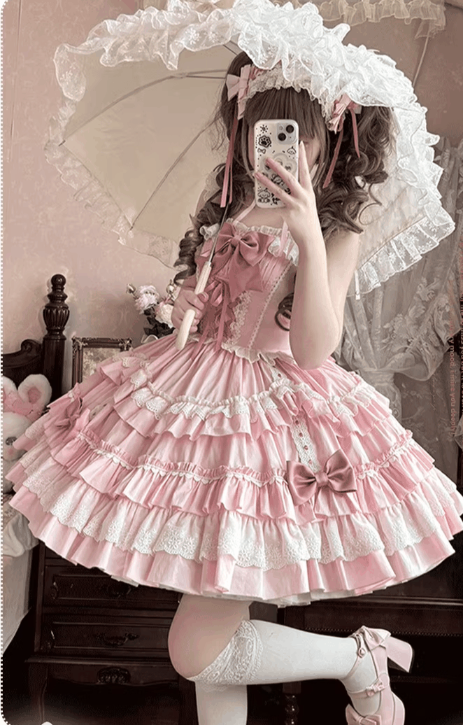 ZhiJinYuan - Sweet Mousse - Sweet Lolita JSK in Playful Colors with Bow Decoration Pink S