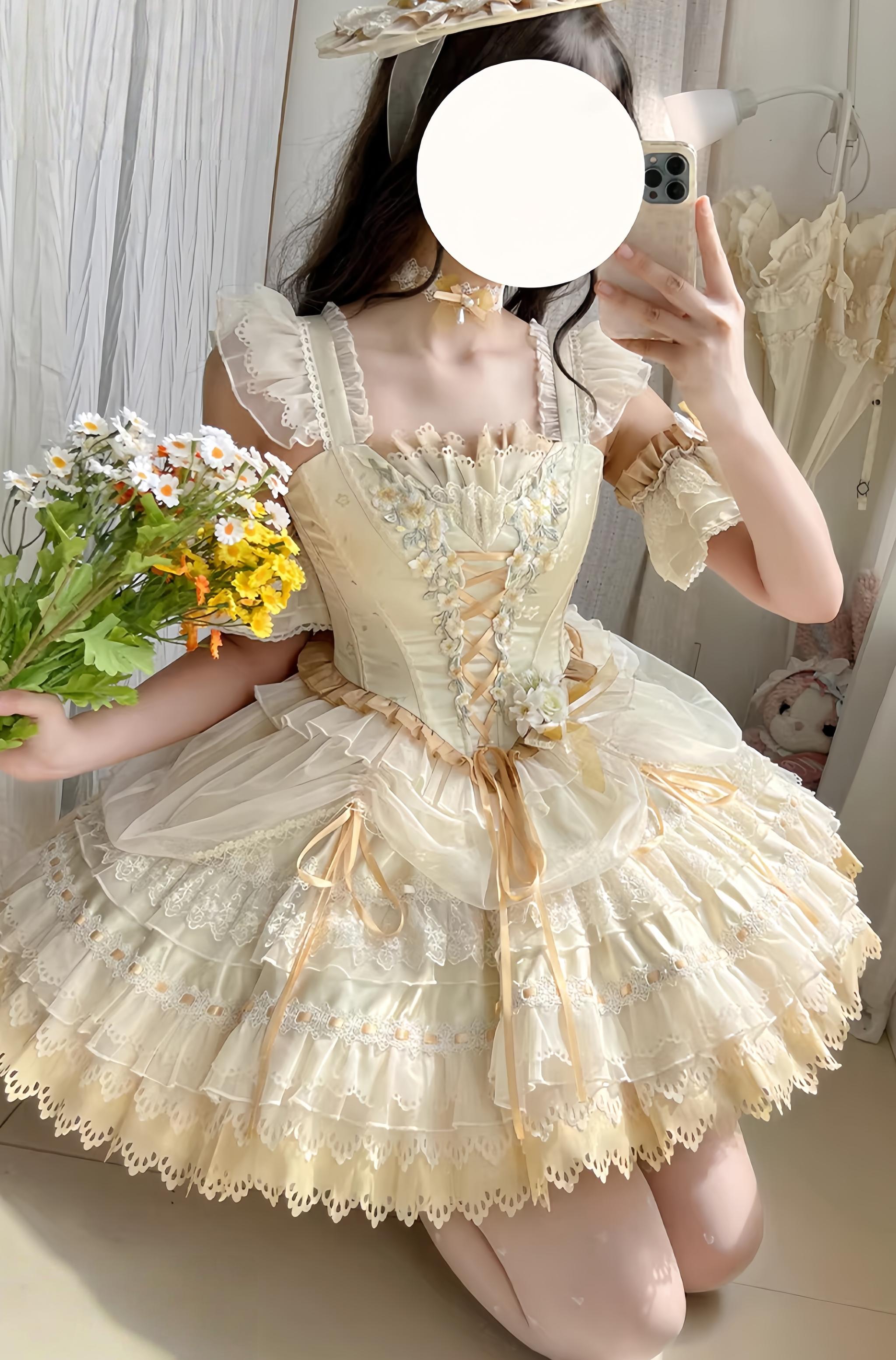 Yellow Blossom & Rose - Sweet Lolita Floral Embroidery JSK, Drawstring Lift-up Hem