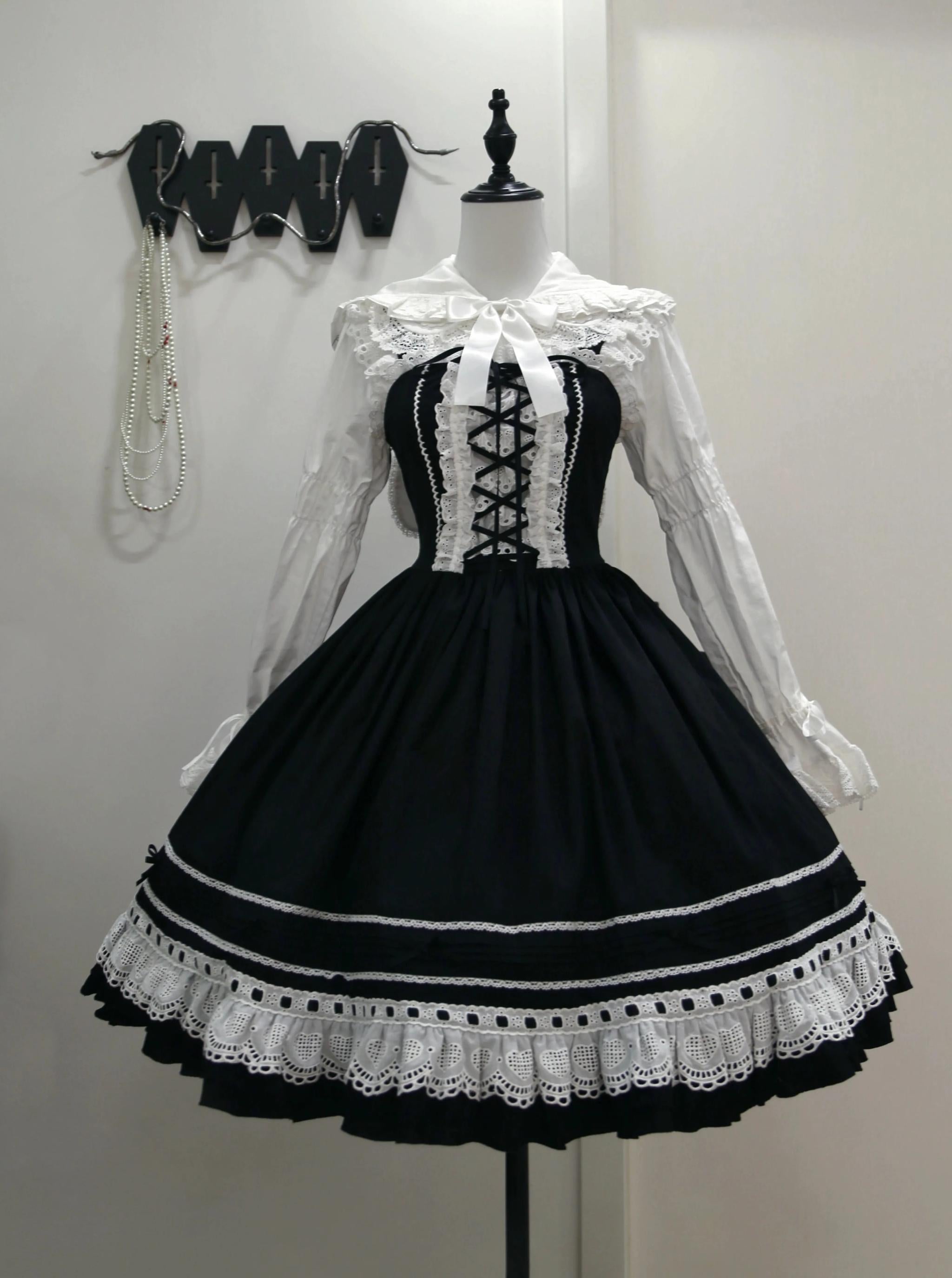 Little Bunny Bakery - Old School Lolita Cotton JSK Dress, Bunny-ear Heart Apron Black JSK Only S