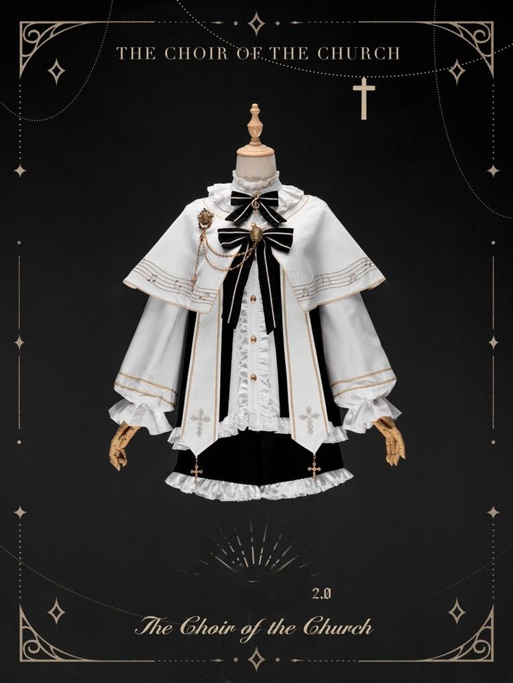 Forest Fluorescent Carps~Choir~Ouji Lolita Shorts Set Prince Shirt with Cape White Suit ( cape + top + elasticated shorts + chest bow chain set + collar bow) S