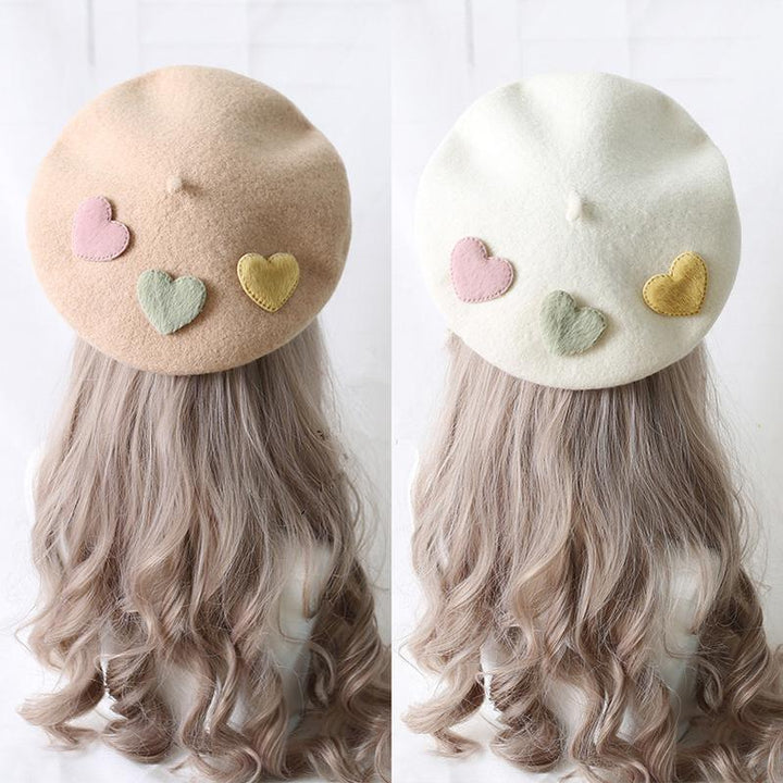 Xiaogui~Sweet Lolita Beret Loving Heart Wool Hat Multicolor   
