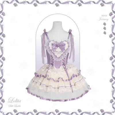 Flower and Pearl Box~Silk Ballet~Wedding Lolita JSK Dress Princess Bridal Dress XS Short JSK (Purple) 