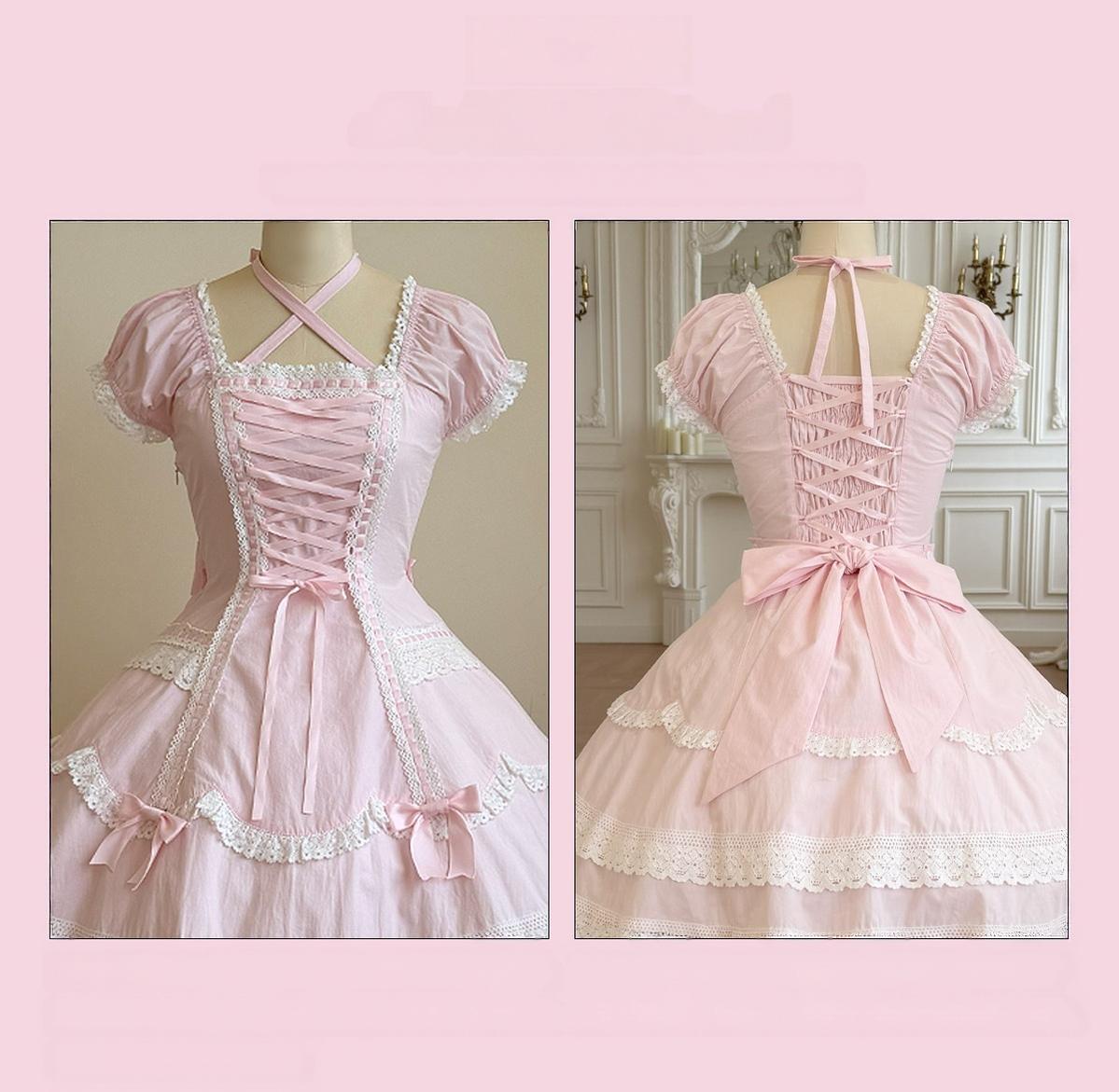 Showa Sweetheart - Old School Lolita OP Dress, Ruffled Lace Hem 45887:866822