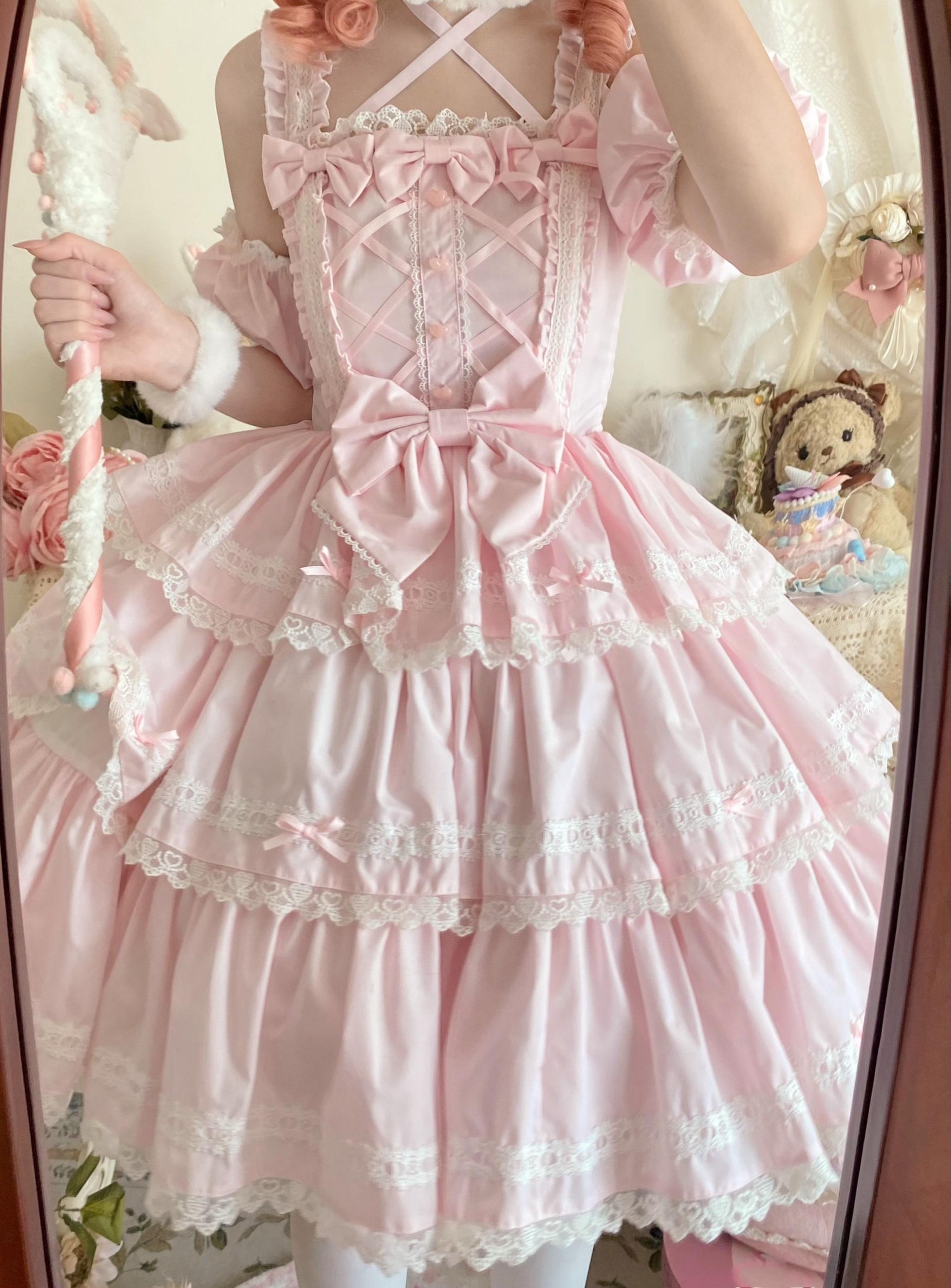 Rose Romance - Pink Sweet Lolita JSK Dress, Tiered Hem 44879:826586
