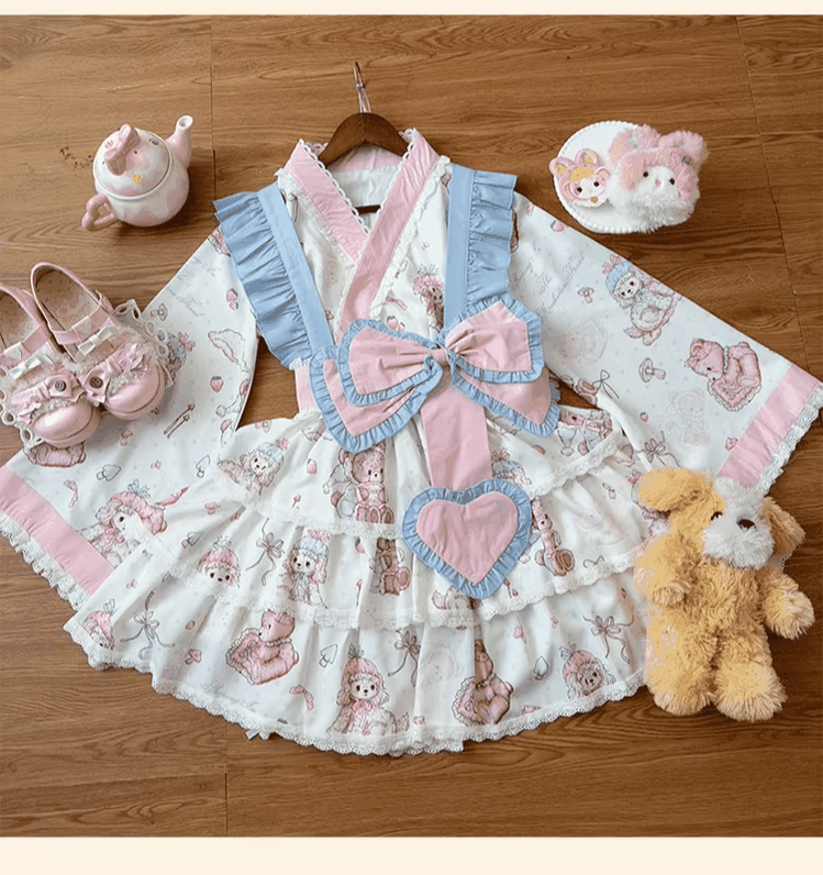 Niu Niu~Showa Moe Bear~Plus Size Wa Lolita Dress Set Kawaii Lolita SK Suit