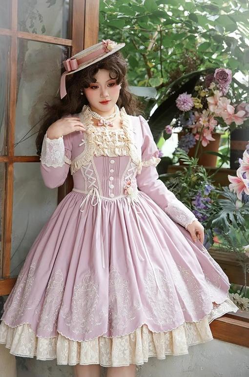 Amber Realm - Dream Strings - Embroidered Classic Lolita OP Dress, Princess Sleeves