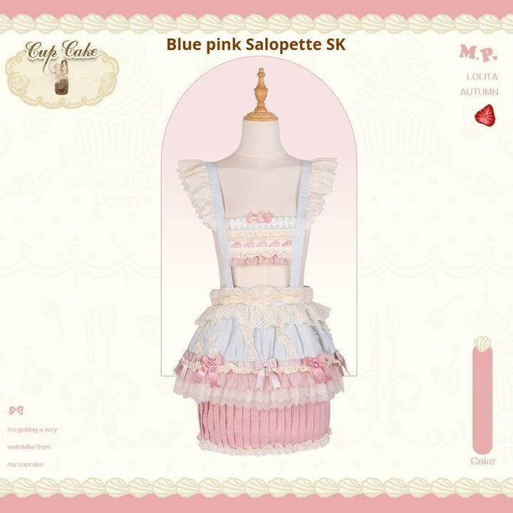 Mademoiselle Pearl~Cup Cake~Sweet Lolita OP Dress Kawaii Lolita JSK SK Suspenders SK - blue pink XS 