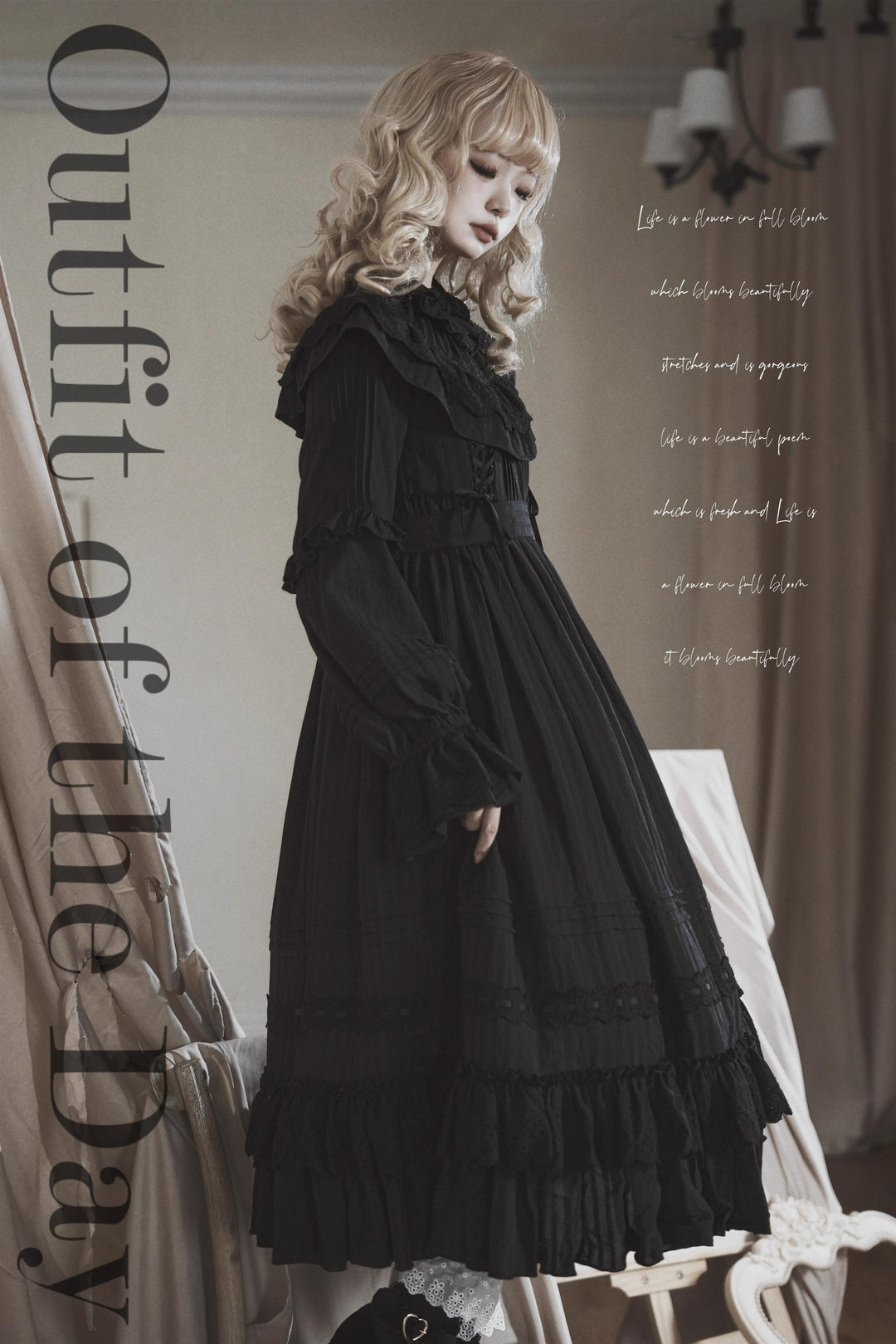 Sanshanjiu~Goodnight Black~Gothic Lolita Black OP with Round Cape Collar Extended OP + waistband S