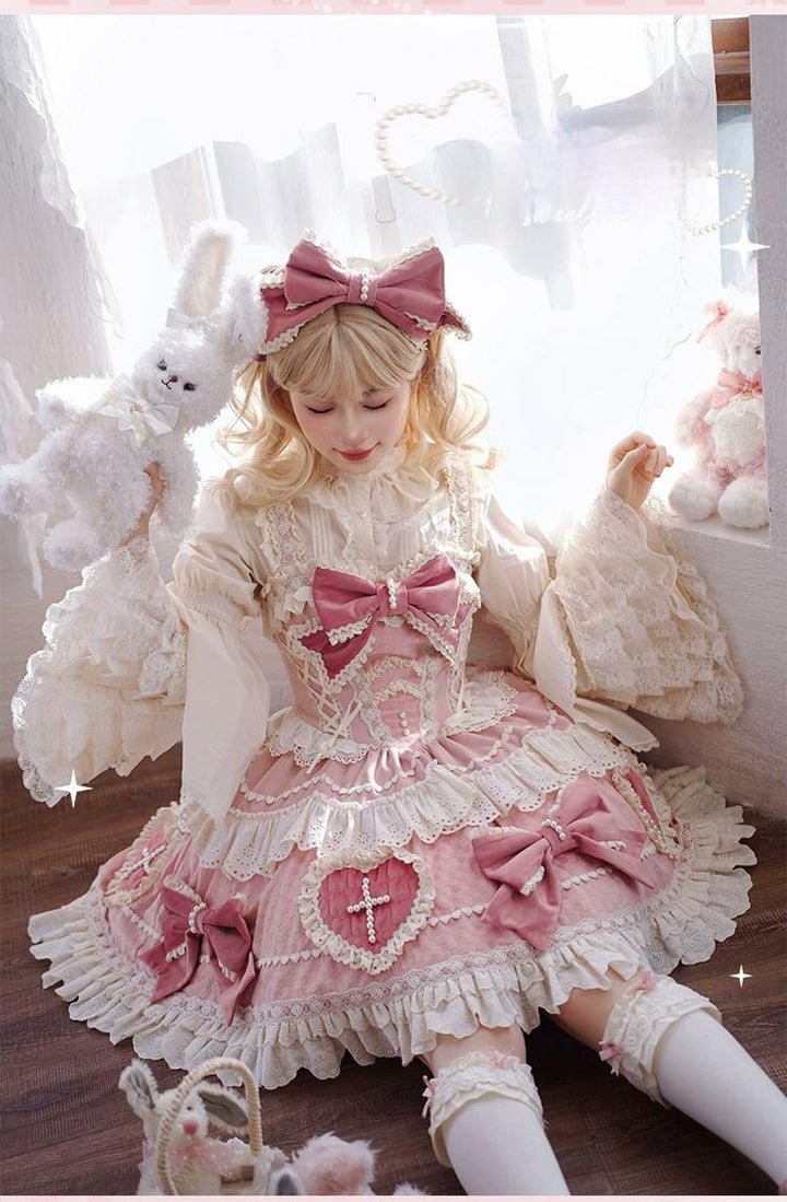 Sakurahime~Cross Sweetheart~Pink Sweet Lolita JSK Dress Doll Lolita Short Dress