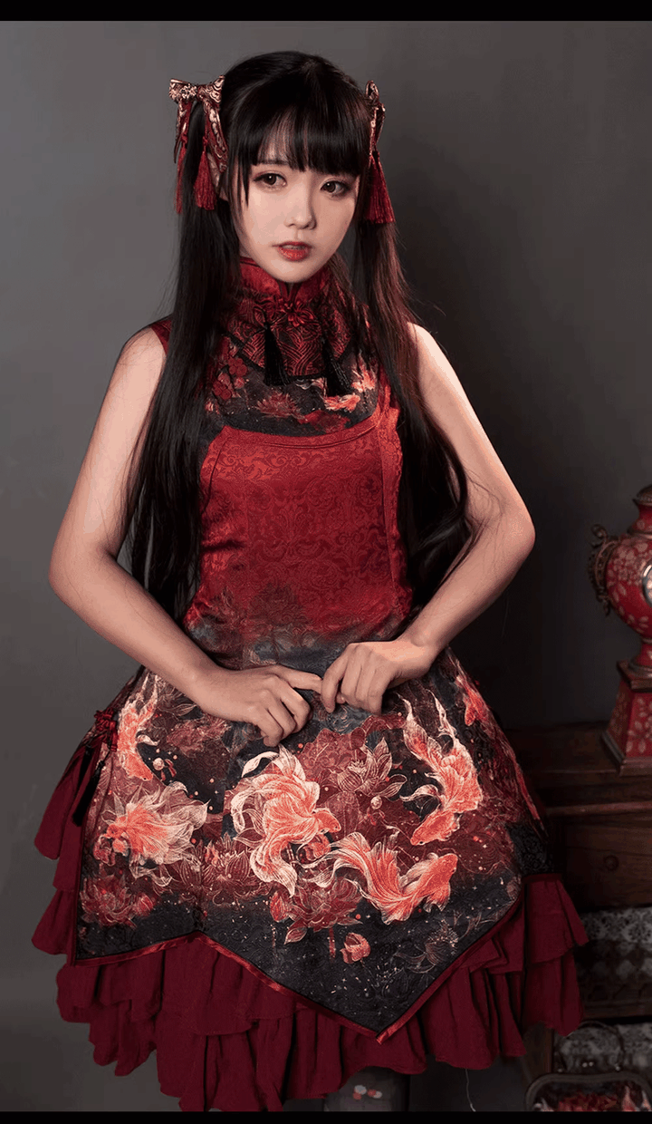 EdenLost~Lotus and Fish~Han Lolita Dress Cheongsam Dress Stand-Up Collar   