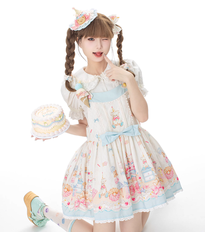GD Lolita~Cake House~Sweet Lolita Bear Print Blue Dress Set   