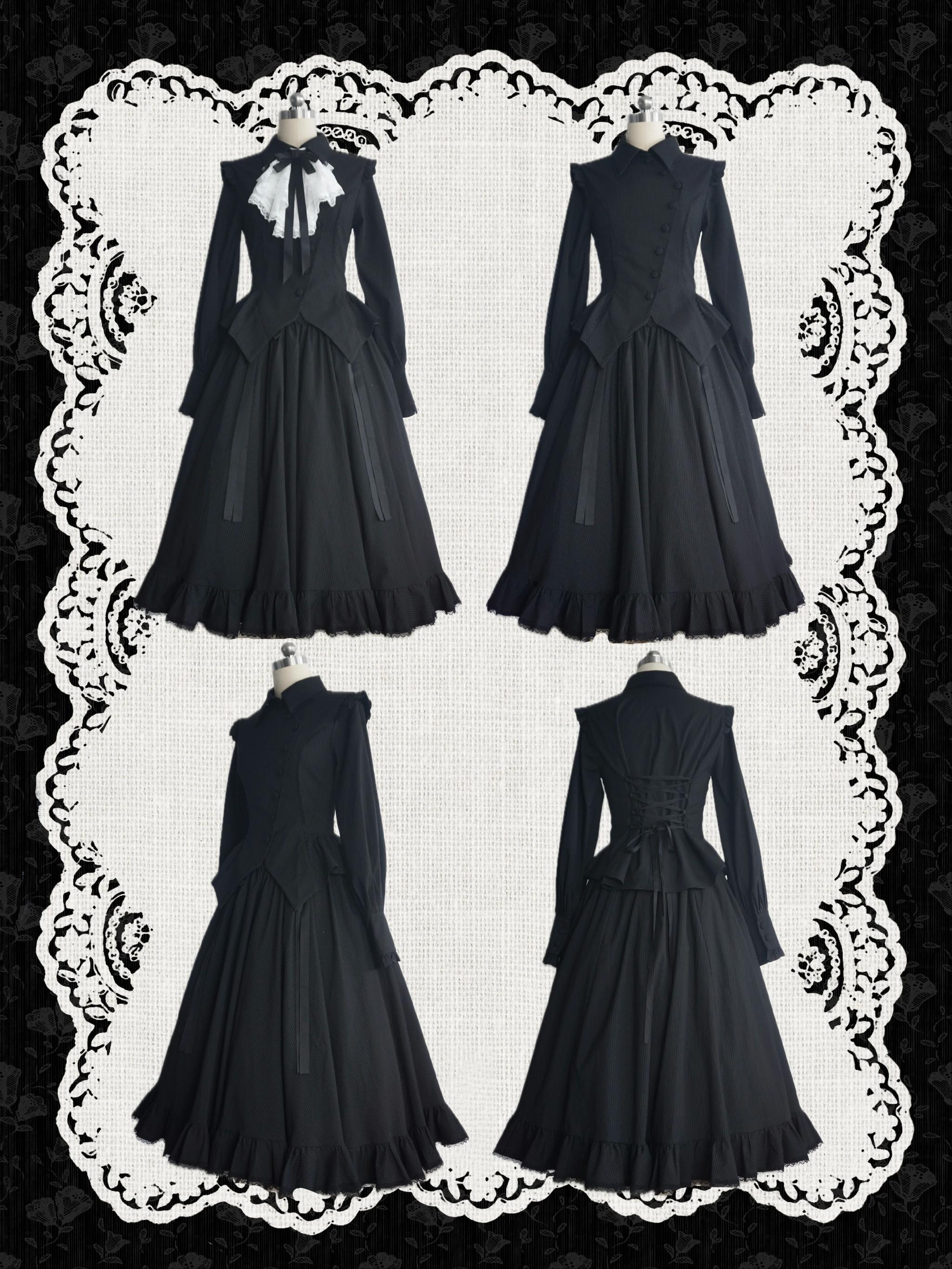 Lyra Nocturne - Gothic Lolita Slanted Placket Shirt Set, Plaid or Striped