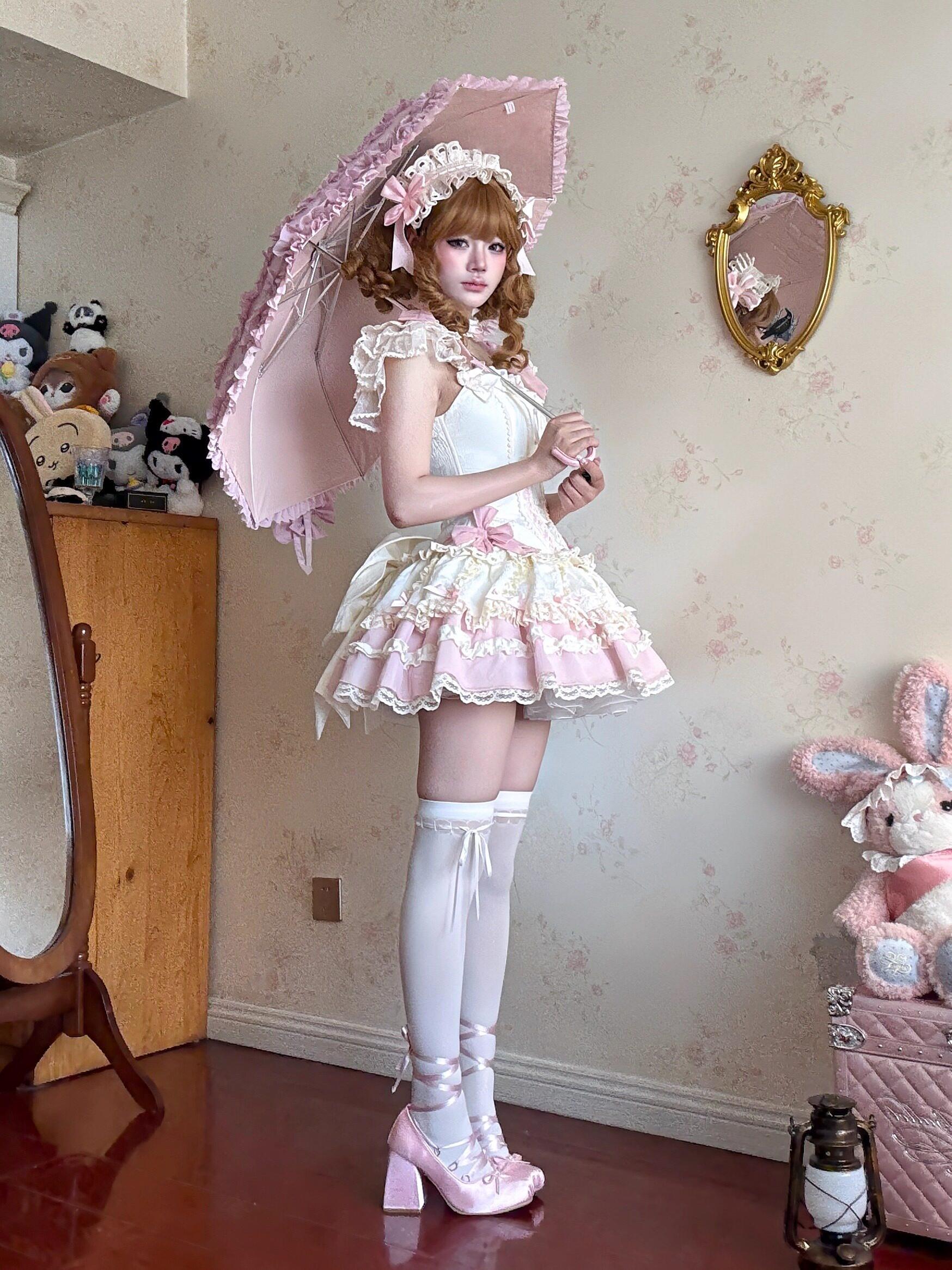 Classic Lolita Foldable Sunscreen Parasol with Ruffles Pink Parasol (with pink tinted full-shade lining)