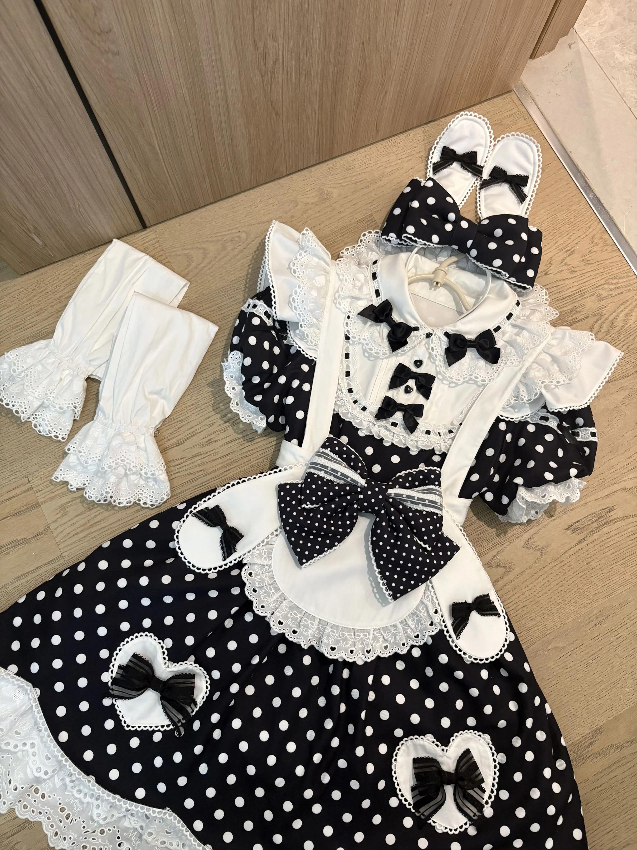 Bunny Kissaten - Four Colors Old School Lolita Polka Dot OP, Bunny Ear Apron (L M S XL XS) 45824:864368
