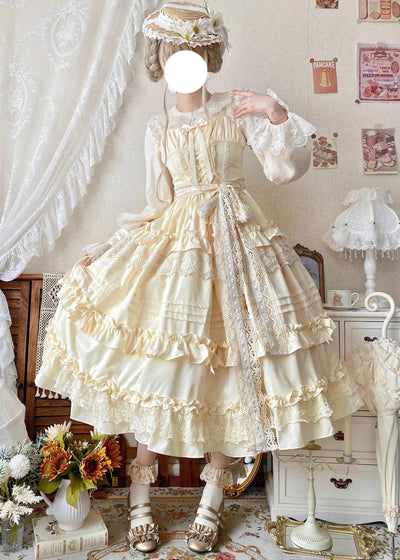 (BFM)Qianmu~Lilianne~Elegant Lolita Ruffled Hem JSK Dress Multicolors S ivory JSK 