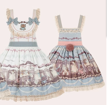 With Puji~Brown Doll House~Kawaii Lolita Brown Print JSK and OP Dress   