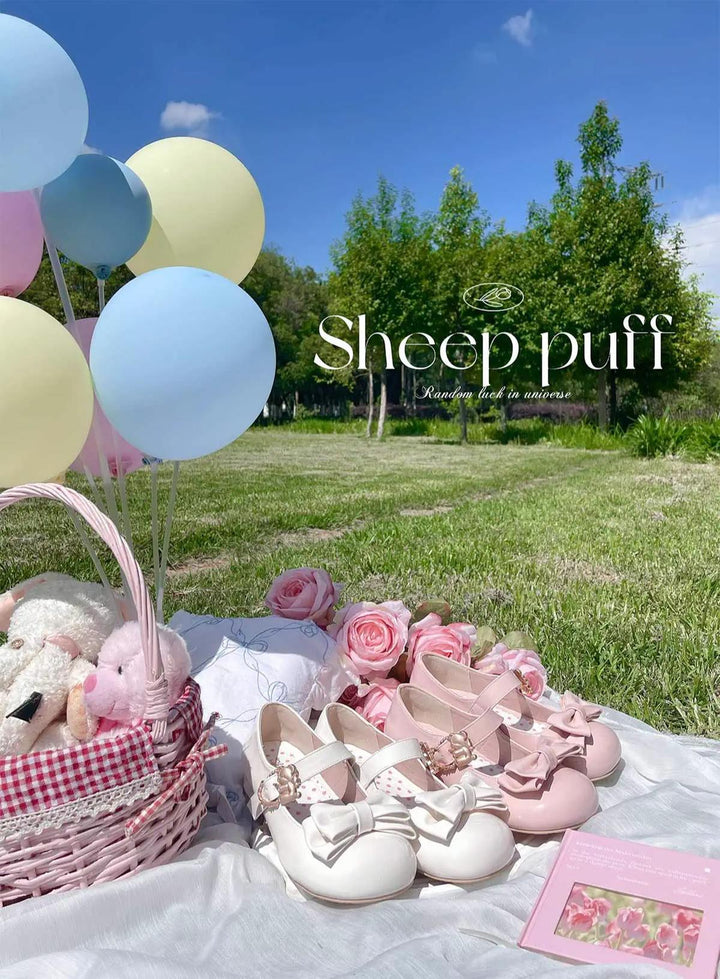 Sheep Puff~Hug Bear~Sweet Lolita Heel Shoes Bear Metal Buckle Bow Shoes   