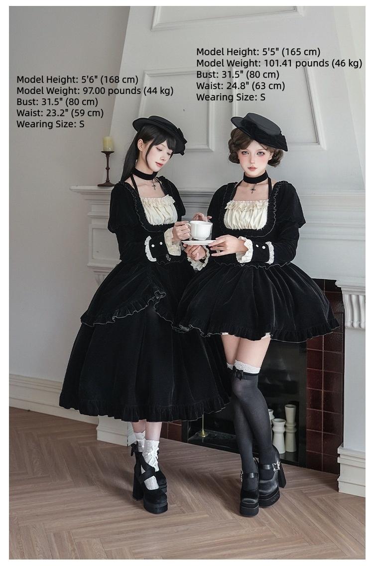 Gothic Lolita Velvet OP Dress Set, Fishbone Waist