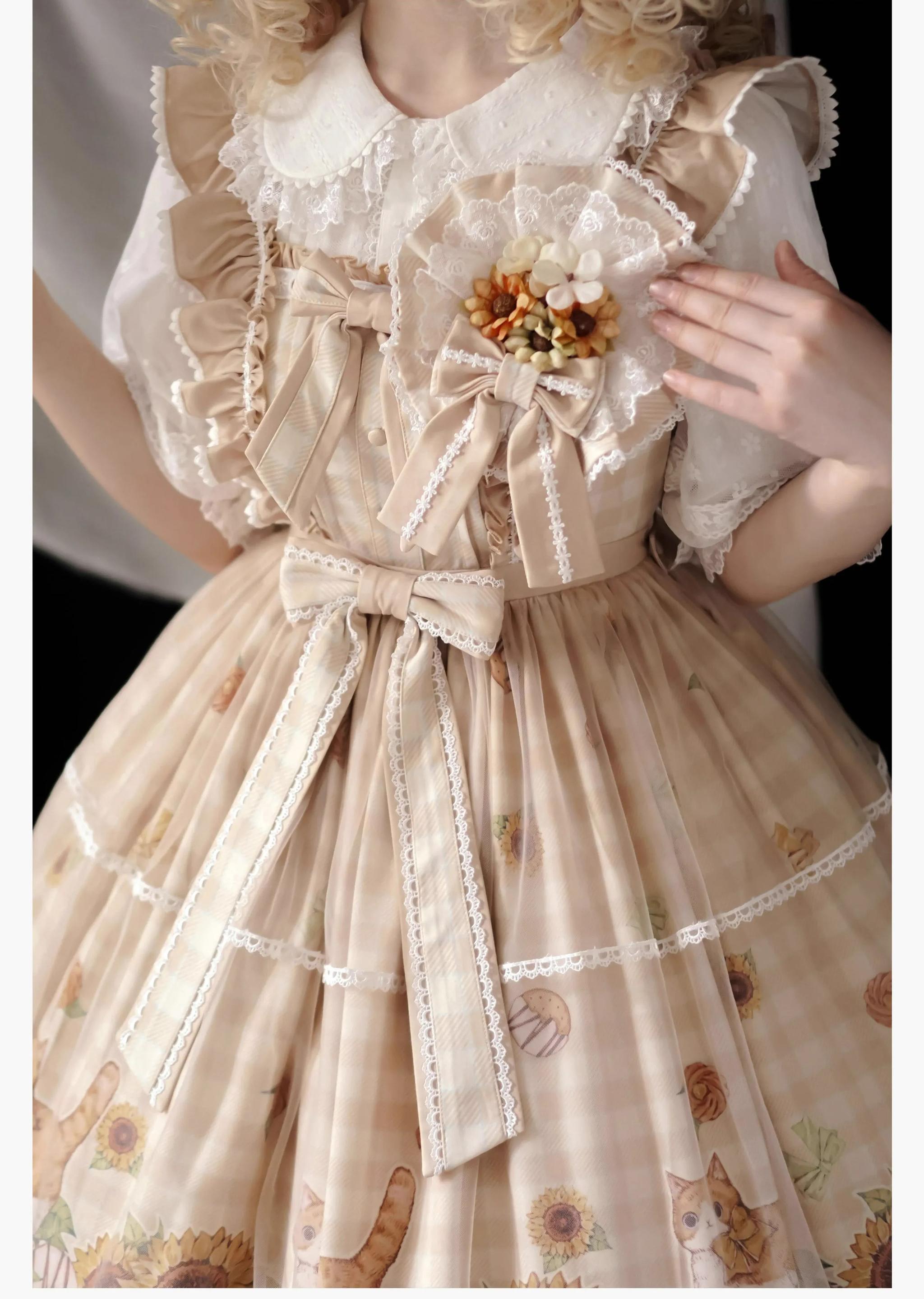Chaton Jardin - Sunny Cat - Sweet Lolita Cat Ear KC Plaid Flower Ball Brooch