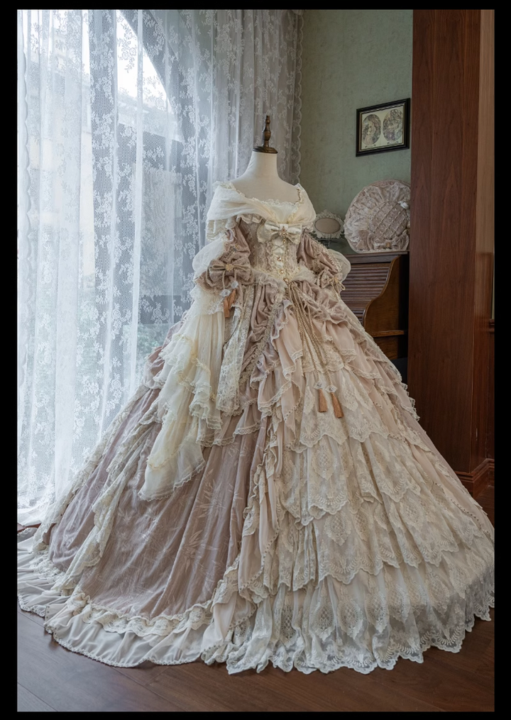 Guaji~Isabella~Wedding Lolita OP Bridal Dress with Tiered Petticoat and Trailing 42885:757863