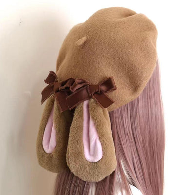 Xiaogui~Winter Lolita Beret Rabbit Ear Hat Bow Beret   