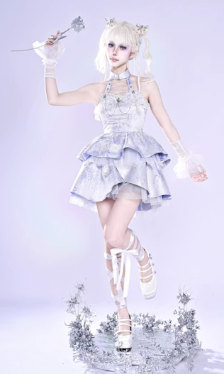 Virtual~Star Girl~Sweet Lolita Halter Neck Puff Sleeve Cake Dress   