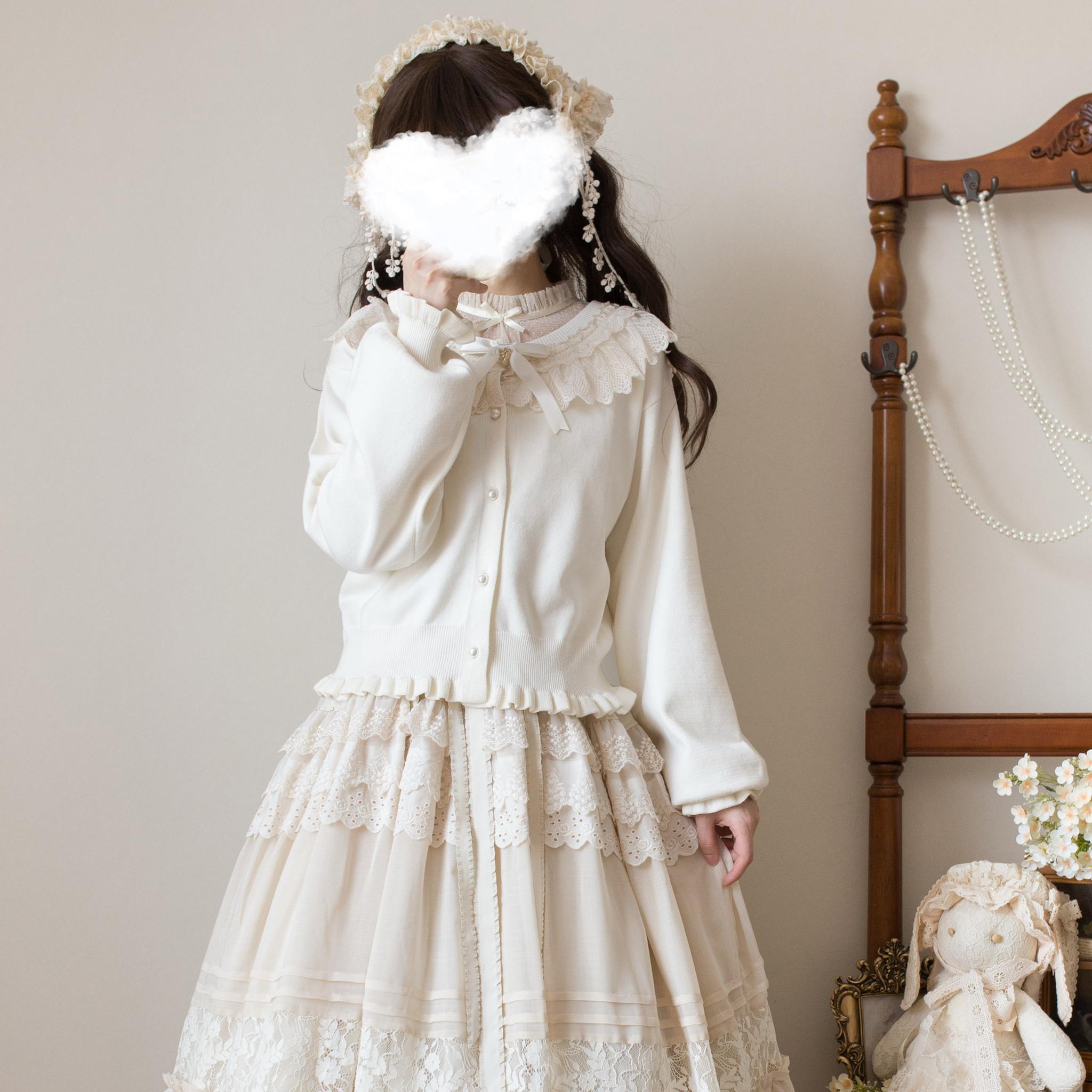 MIST - Graceful Dream - Retro Kawaii Lolita Sweater Cardigan, Ruffled Lace Neckline (Off-white / L S) 43729:783958