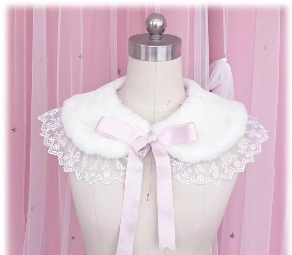 Candy Sweet - Winter Lolita False Collar Plush Bow Collar Scarf Pale Pink Lace