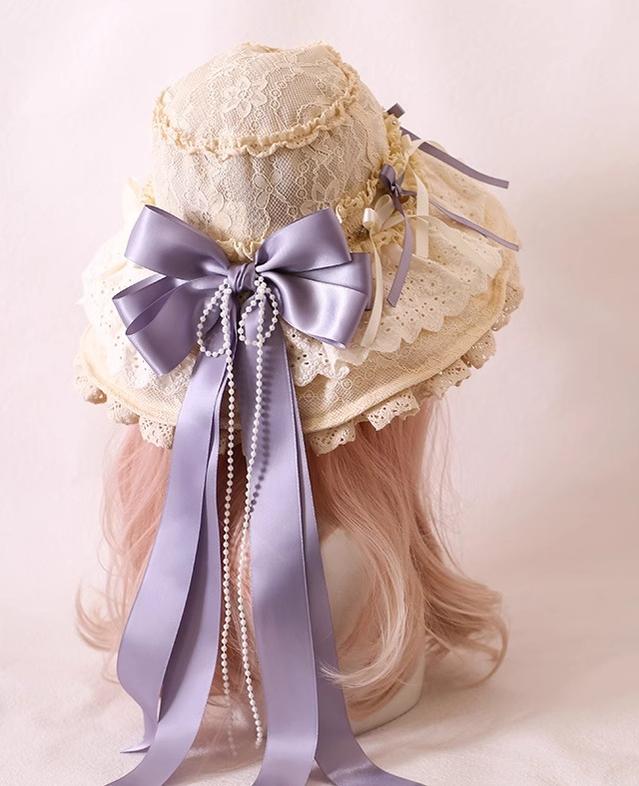 Xiaogui - Elegant Lolita Sunshade Hat Floral Bow Hats One Size. The brim has soft wires that can be shaped. Satin ribbon in purple wisteria and milk white (lace hat)