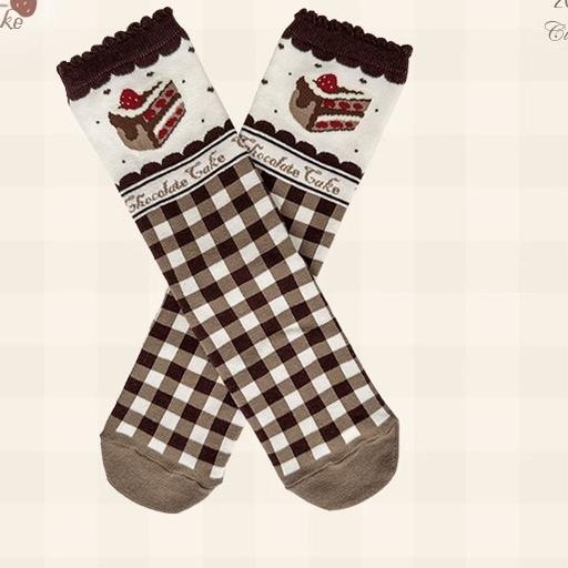 Flower and Pearl Box~Chocolate Cake~Kawaii Lolita Socks free size chocolate and plaid print short socks 
