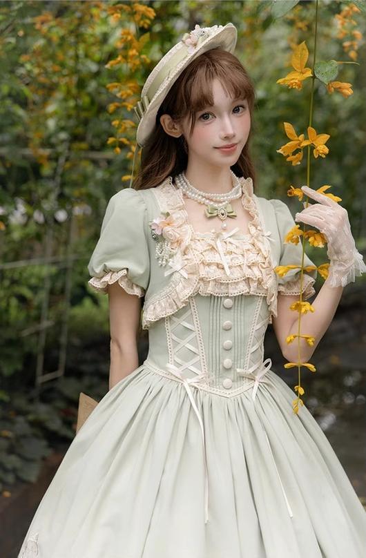 Amber Realm - Dream Strings - Embroidered Classic Lolita OP Dress, Princess Sleeves