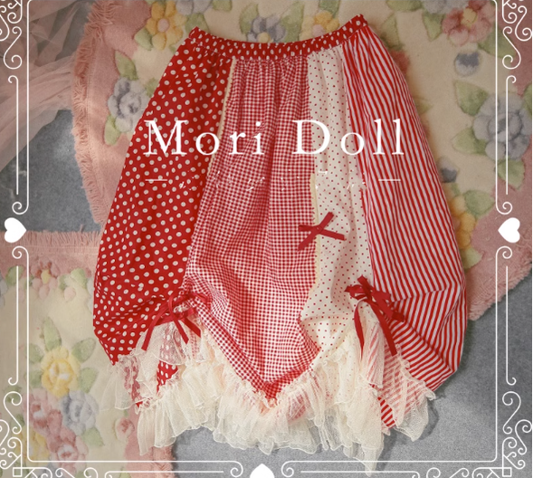 Mori Doll~Strawberry Jam~Sweet Lolita Dot and Stripe Print Skirt S burgundy 