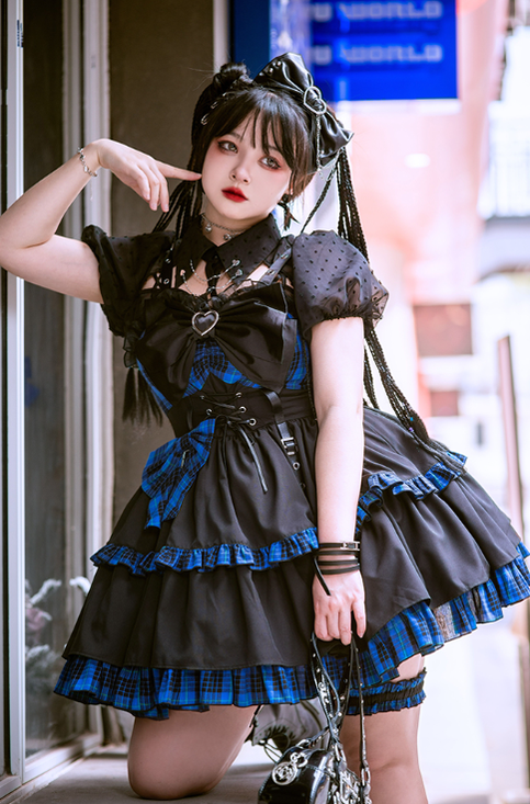 信頼も高い Alice Girl~Gothic Lolita Dress Blue Plaid Jumper Dress Clothing