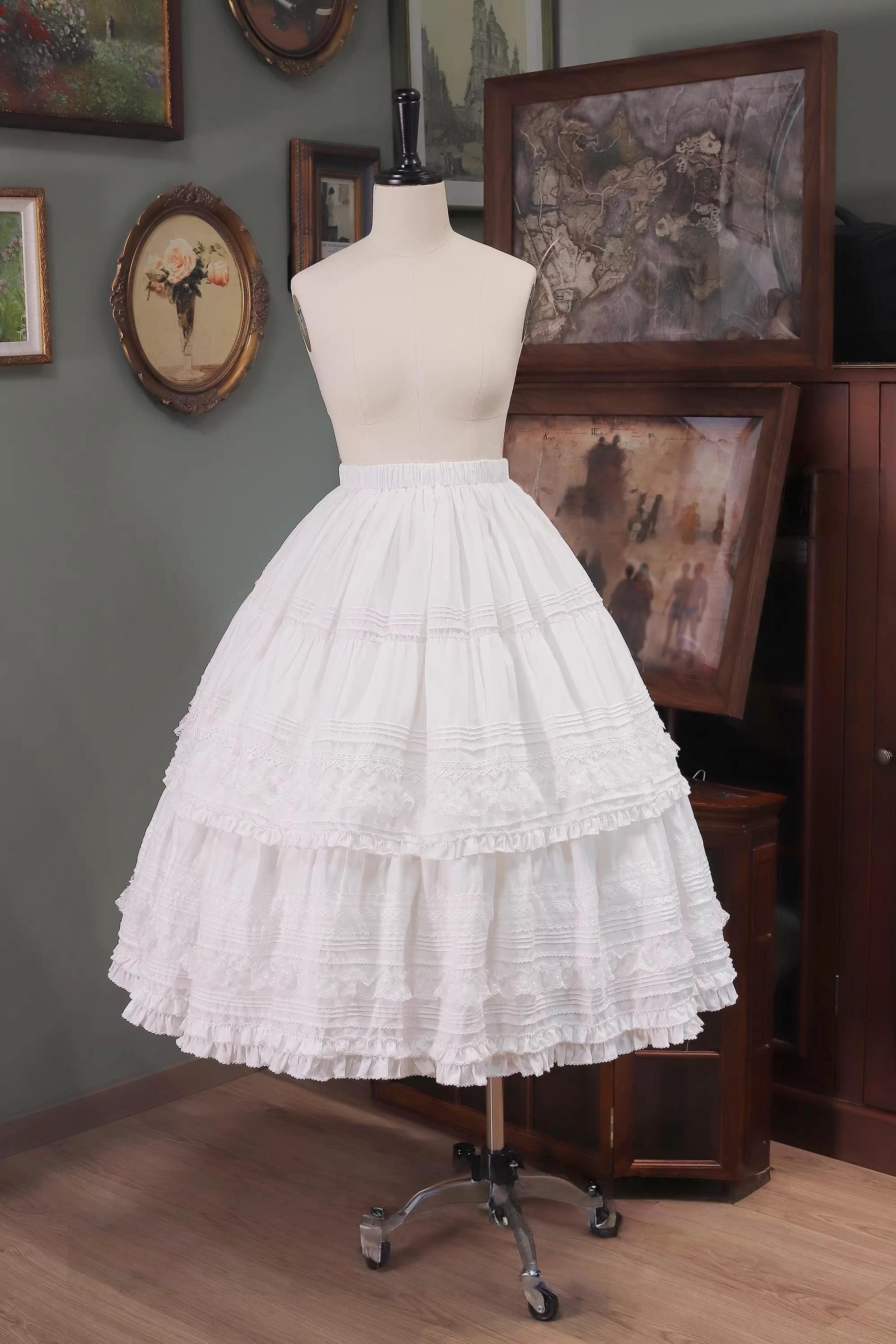 Marguerite Daisy - Classic Lolita Cotton Lining Skirt, Side Pocket Milky White with White Lace Skirt Only S