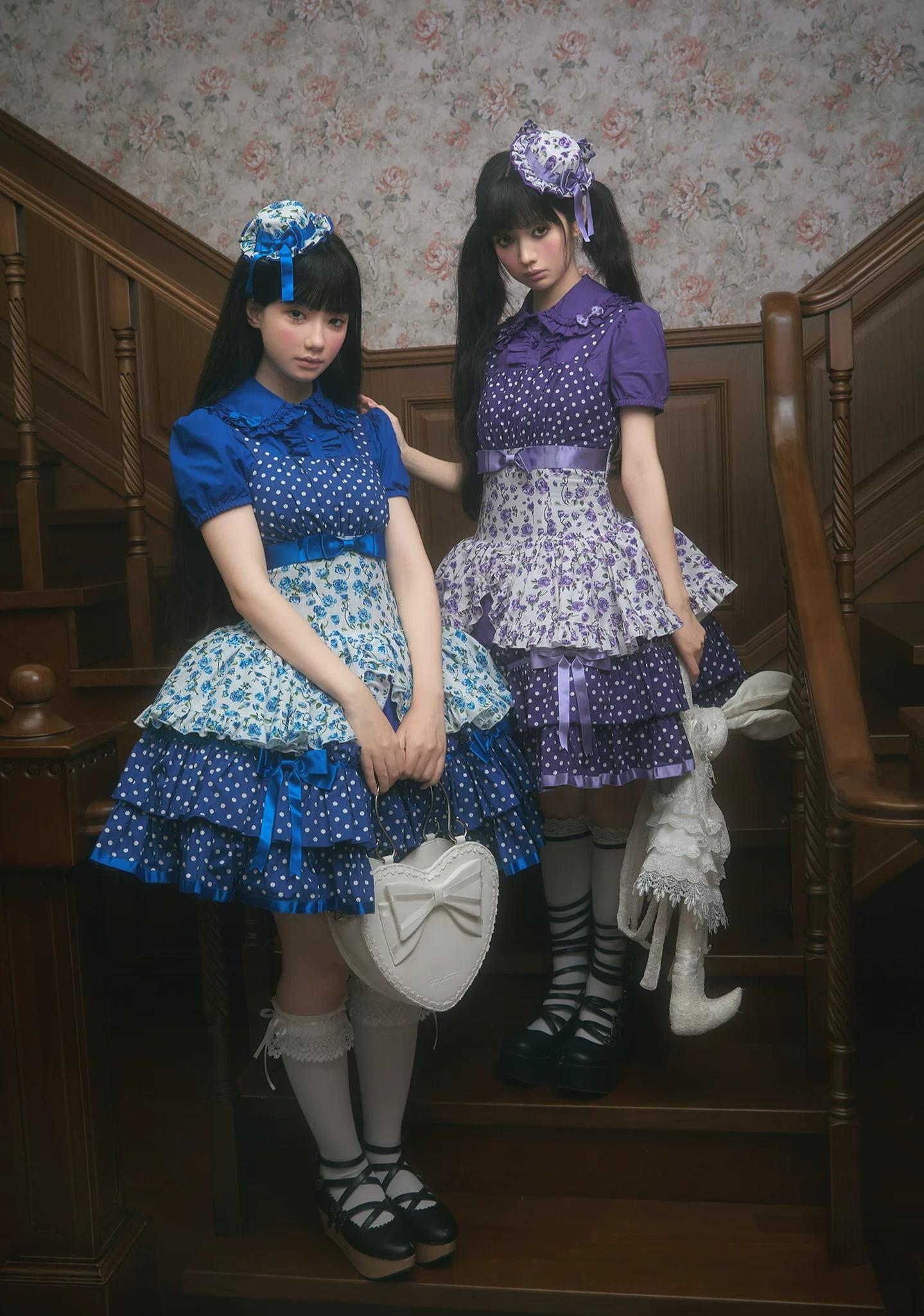Libobo - Cotton Old School Lolita JSK Dress, Polka Dot & Floral Print 45878:866130