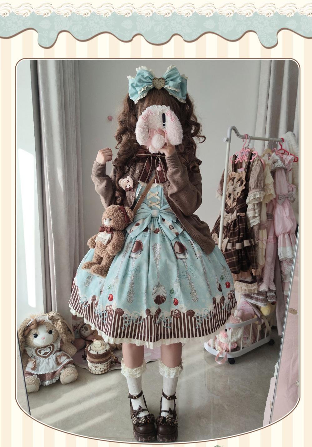 Dessert - Kawaii Lolita Sailor Collar OP Dress, Chocolate & Fork Print 44905:827115