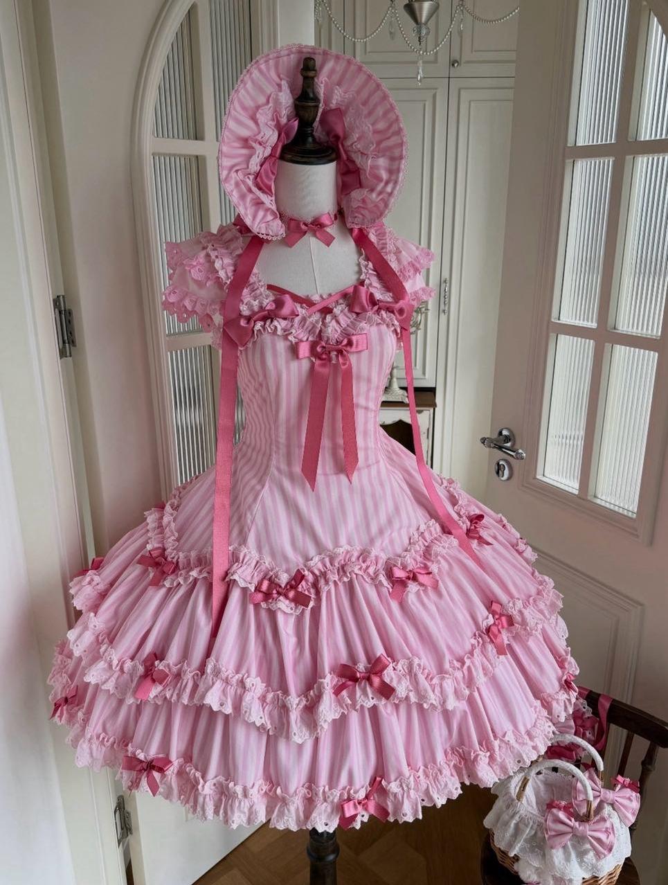 Eternal Girlhood - Six-Panel Old School Lolita Striped JSK & OP, Bow Accents 45811:863086