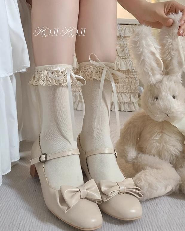 Roji Roji~Cotton Lolita Socks Lace Bow Beige Short Ankle Socks