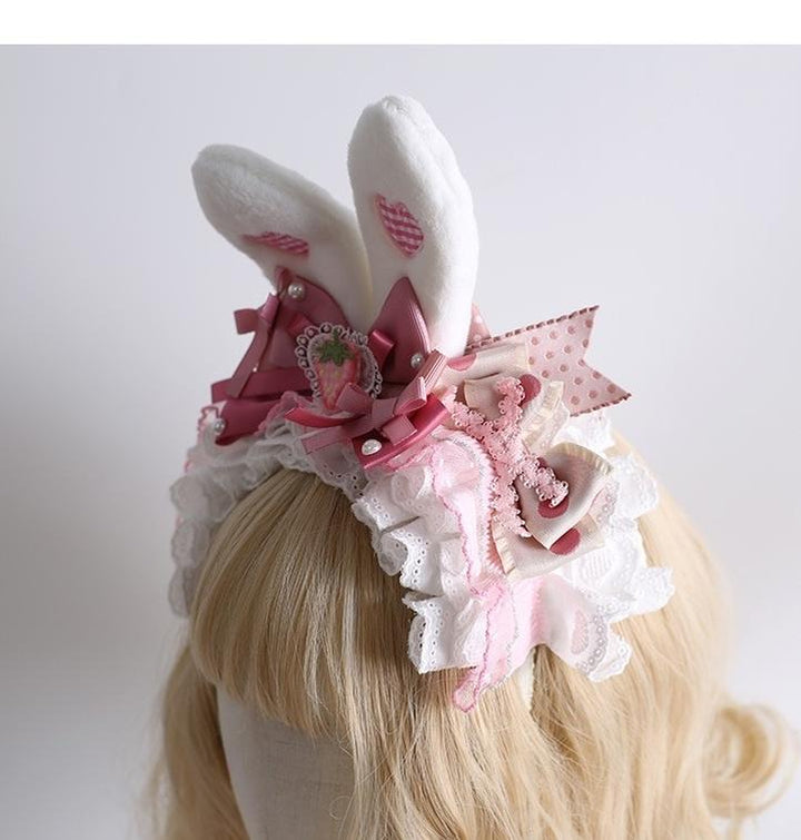 Xiaogui~Sweet Lolita Headdress Pink White Bunny Ear Hair Accessory