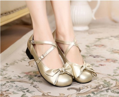 Sosic~Bow and Low Heel Cross Band Lolita Leather Shoes 34 champagne gold 