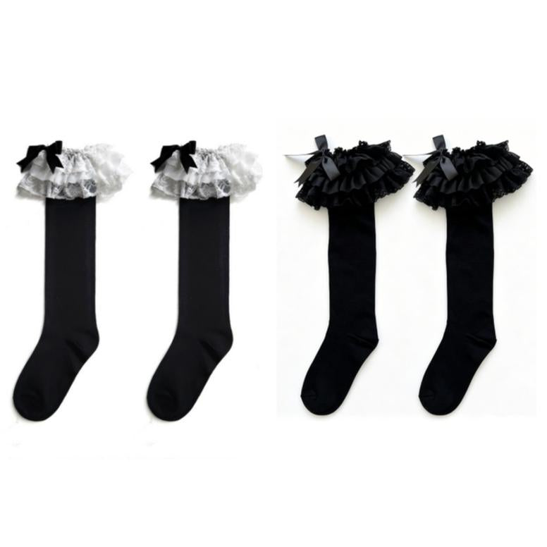 Cotton Lolita Bow Socks with Layered Lace Trim