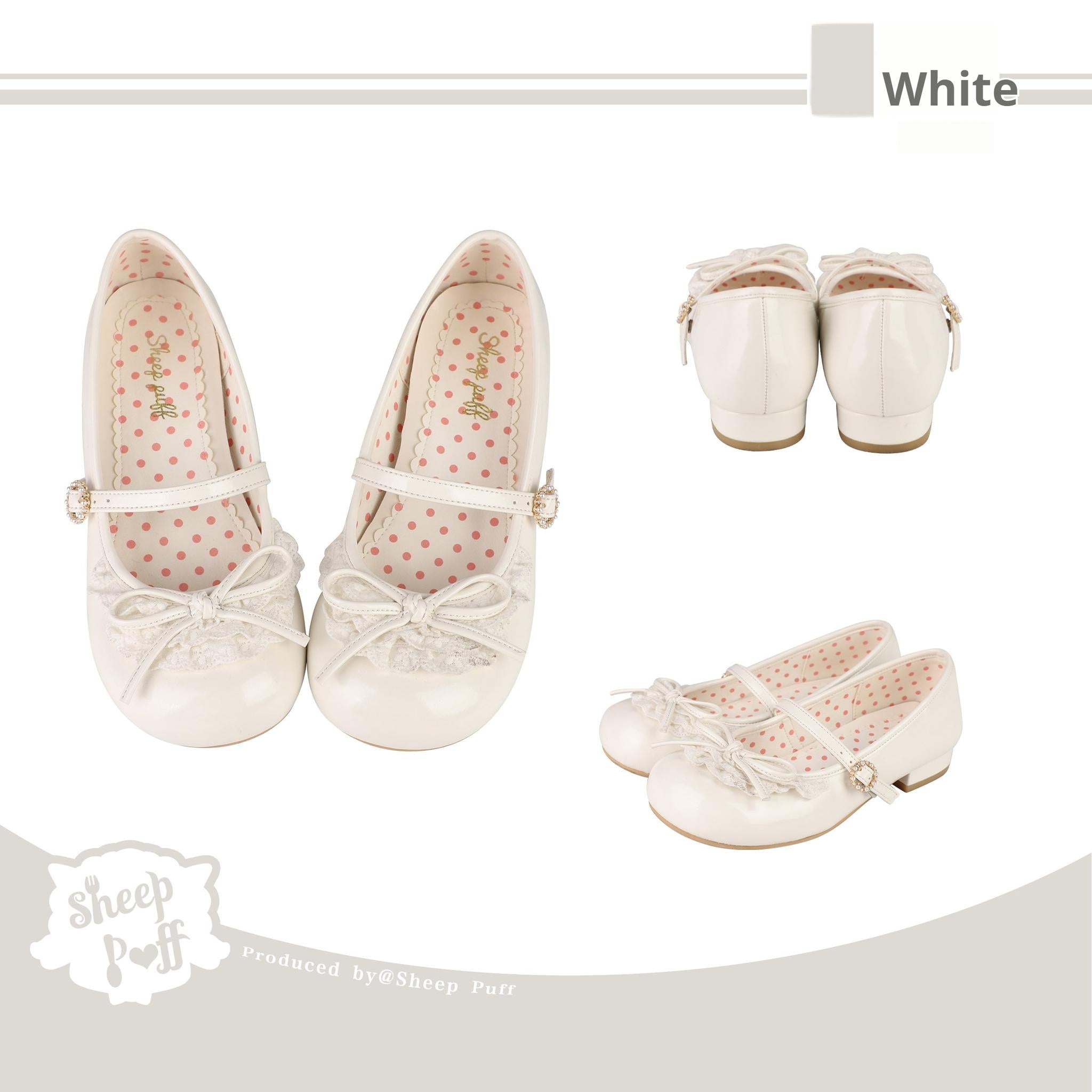 Sheep Puff - Young Layla - Vintage Lolita Shoes Low Heel Butterfly Shoes 34 White - low heels