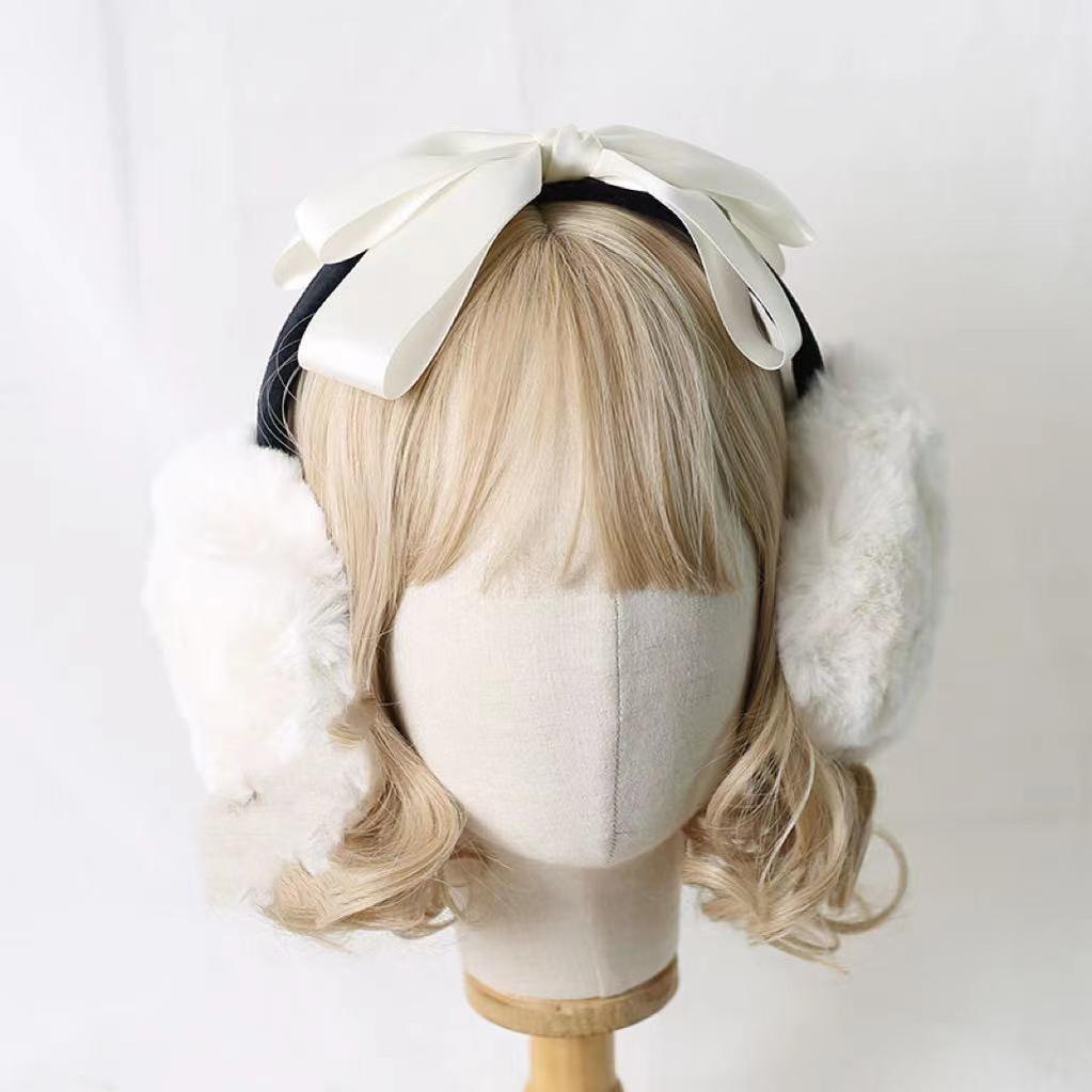 Xiaogui - Winter Lolita Earmuff Bow Plush Earmuff Ear Protector Milk White